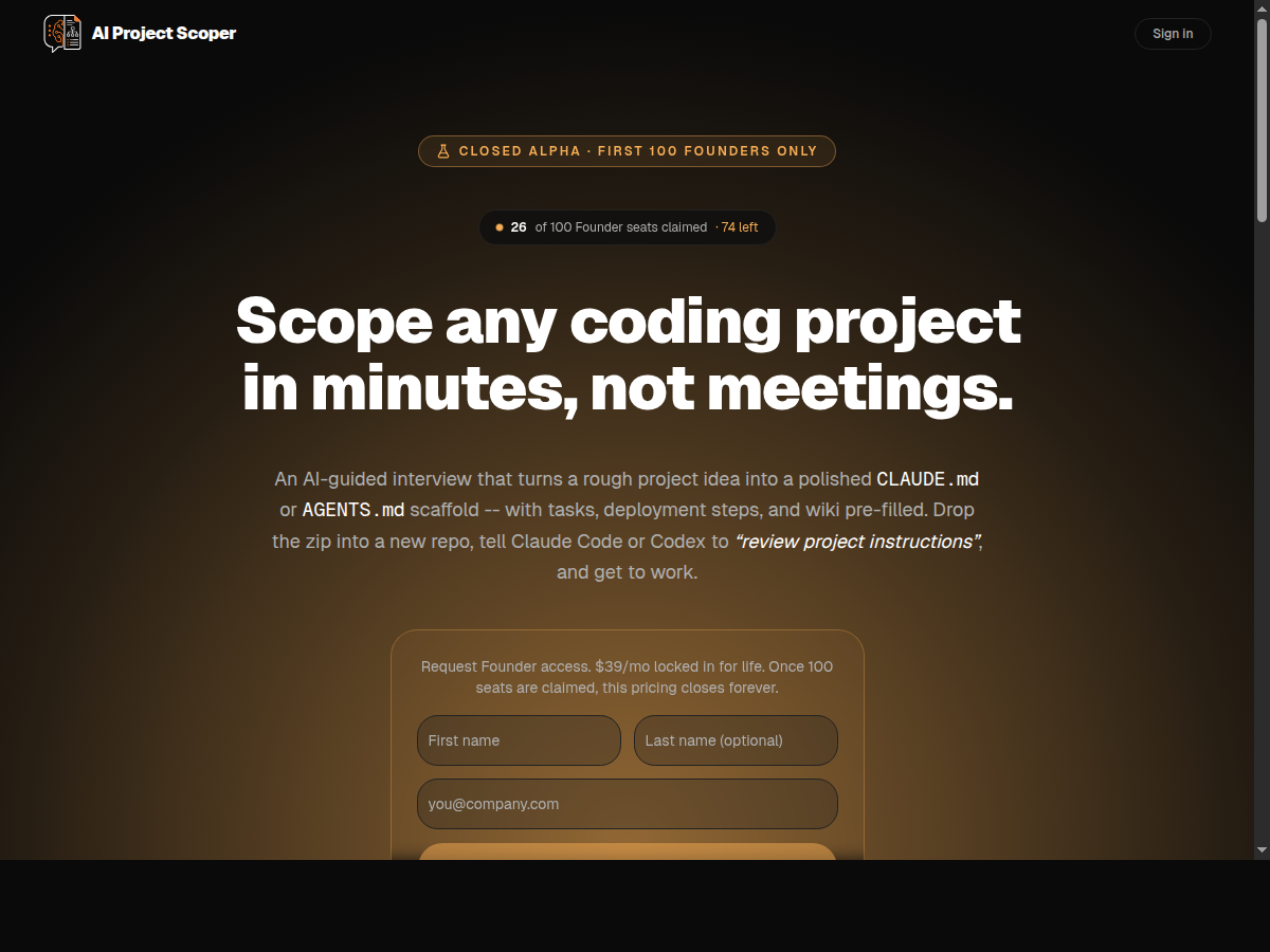 Screenshot of AIProjectScoper.com landing page: 'Scope any coding project in minutes, not meetings.'