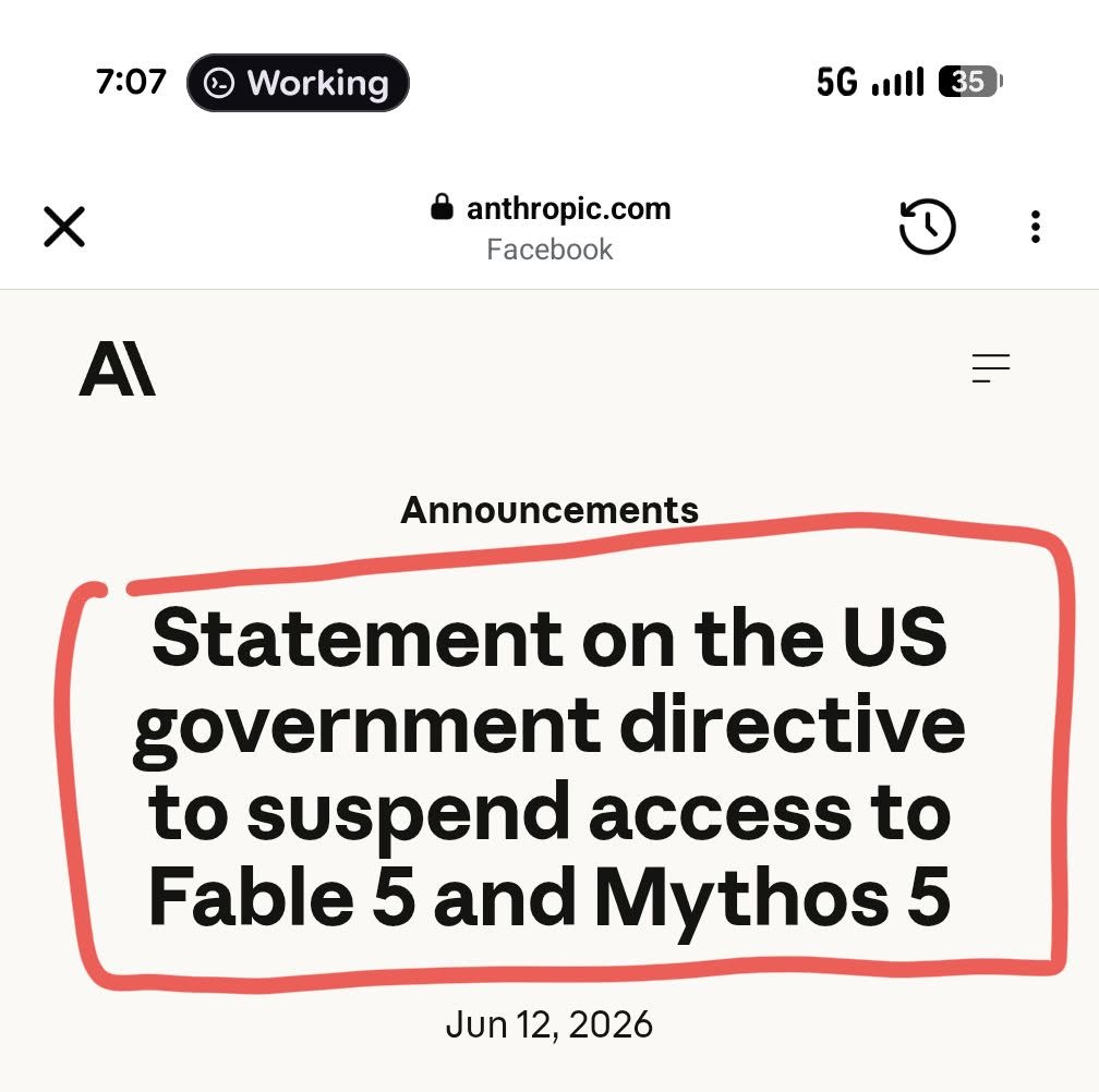 iPhone screenshot of Anthropic’s official announcement on anthropic.com, dated Jun 12, 2026, with a hand-drawn red highlight box around the title: Statement on the US government directive to suspend access to Fable 5 and Mythos 5