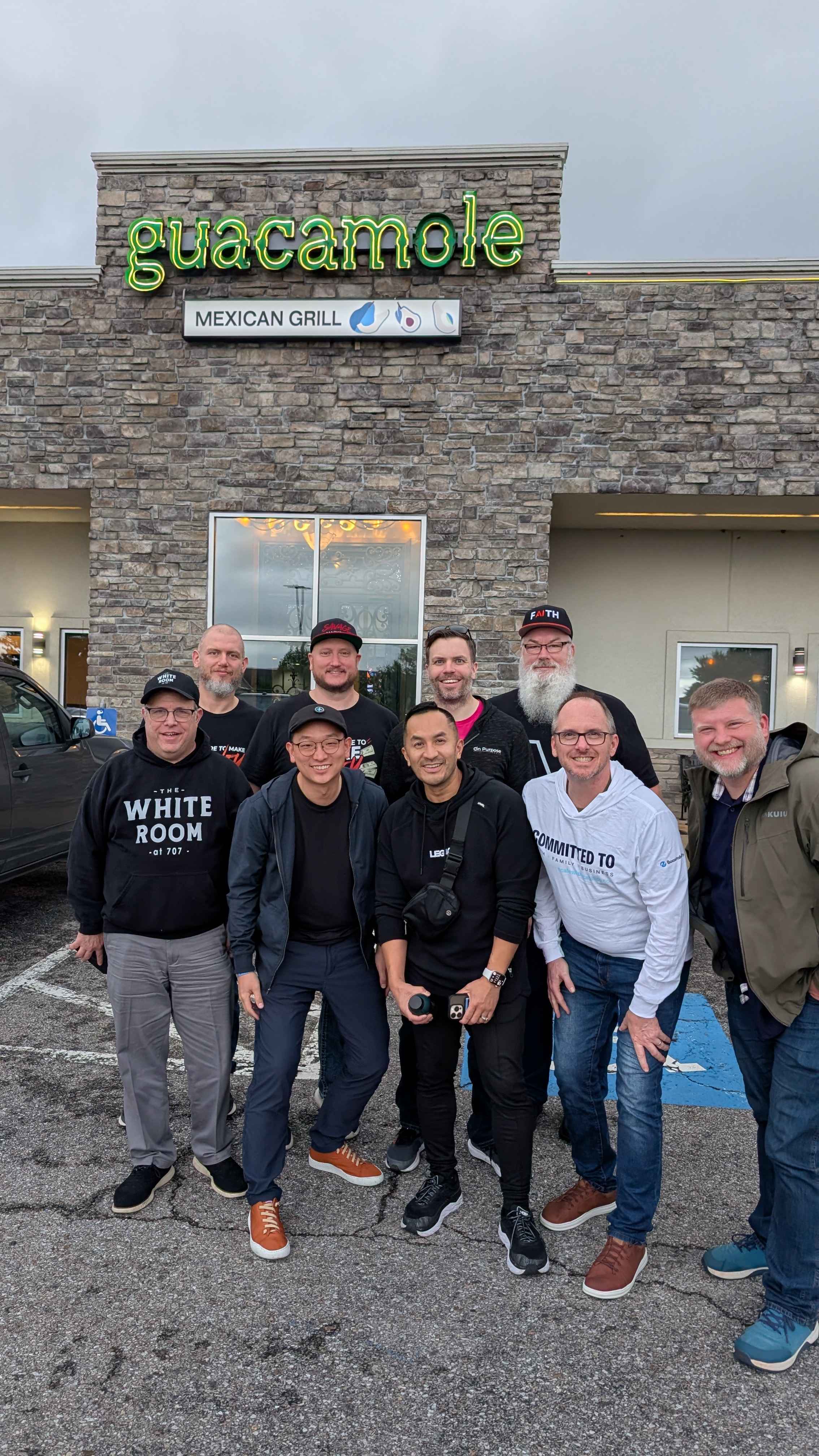 Group dinner outside Guacamole Mexican Grill with Jeff J Hunter, developer Brandon, Jonathan Mast, Vinnie Fisher, and friends.