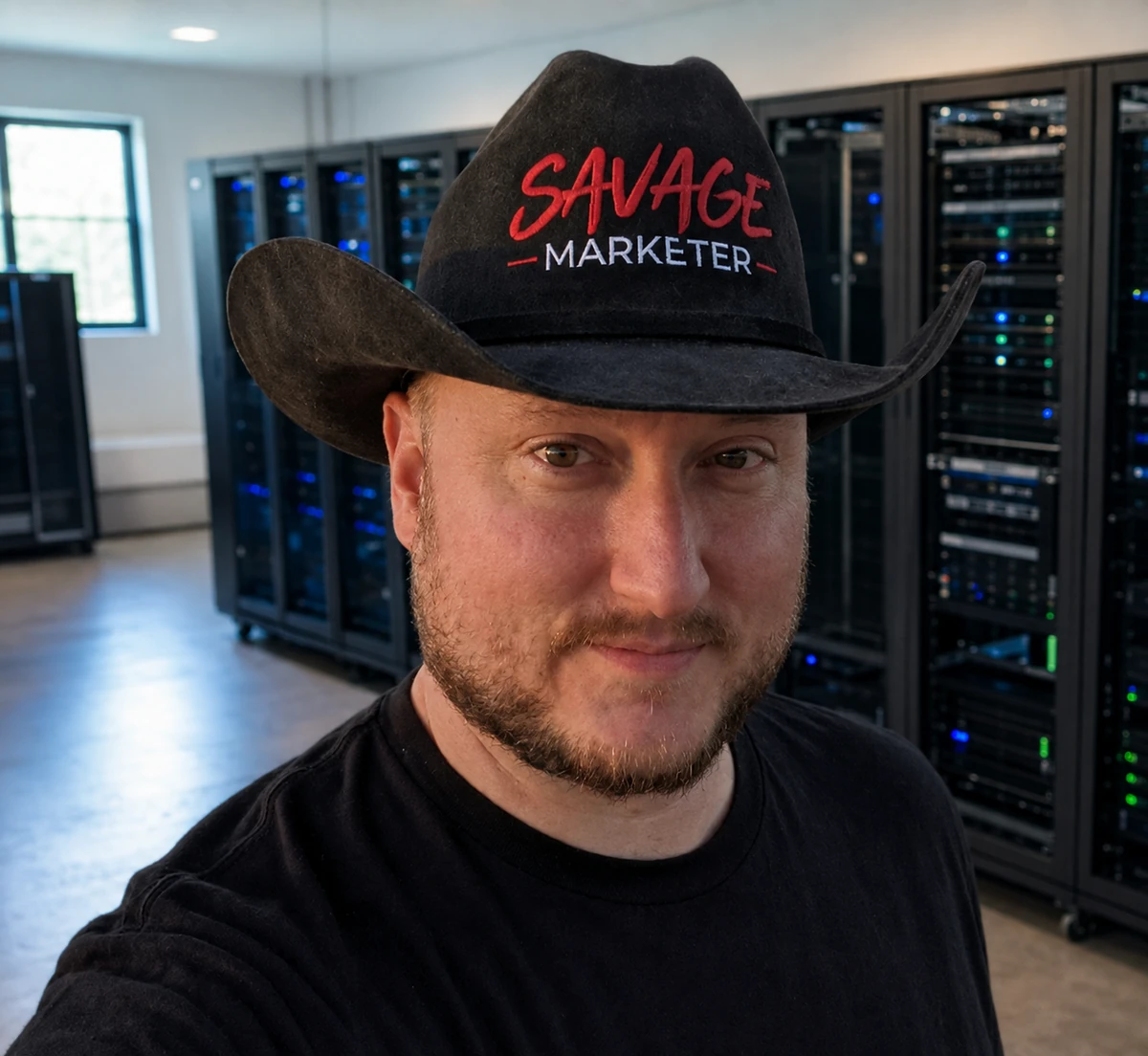 AI-generated portrait of Beau: a bearded man wearing a black cowboy hat embroidered "Savage Marketer" in red and white, and a black T-shirt, standing in an illustrative server room lined with equipment racks showing blue and green status lights.