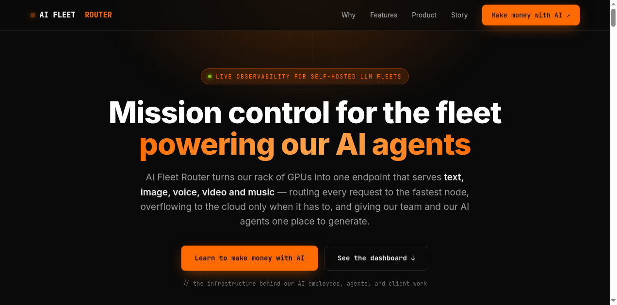 AI Fleet Router public homepage hero: mission control for the fleet powering AI agents