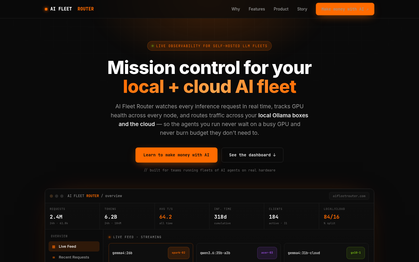 AI Fleet Router marketing site hero: mission control for local and cloud AI fleets