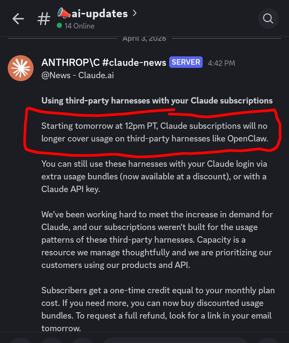 Announcement screenshot about Anthropic billing changes for OpenClaw usage