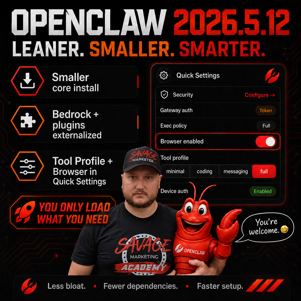 OpenClaw 2026.5.12 graphic with leaner, smaller, smarter update notes and quick settings preview