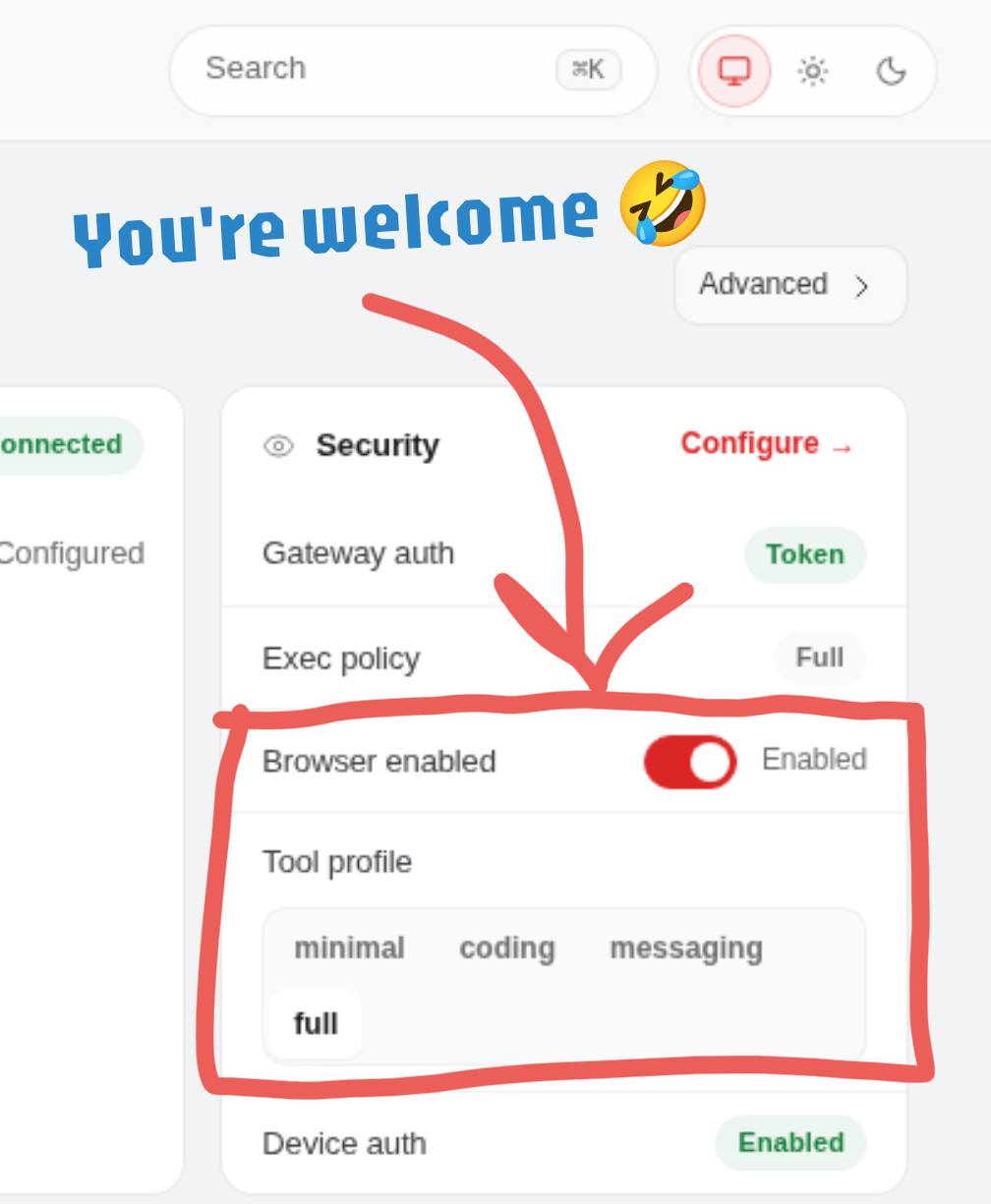OpenClaw quick settings screenshot showing Browser enabled and Tool profile controls highlighted