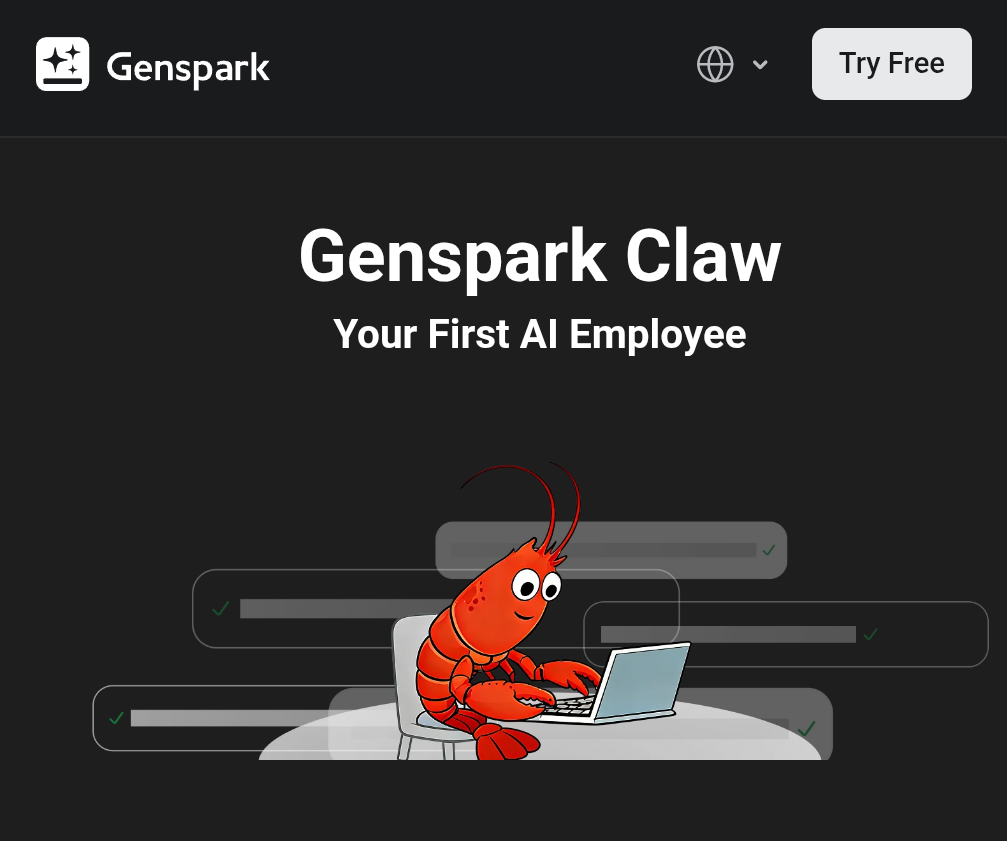 Screenshot of the Genspark Claw page showing Genspark Claw with the line Your First AI Employee
