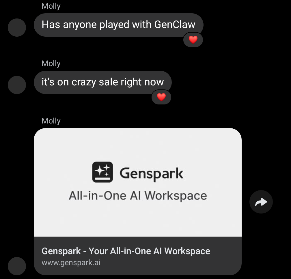 Screenshot of Molly asking whether anyone has played with GenClaw because it is on sale