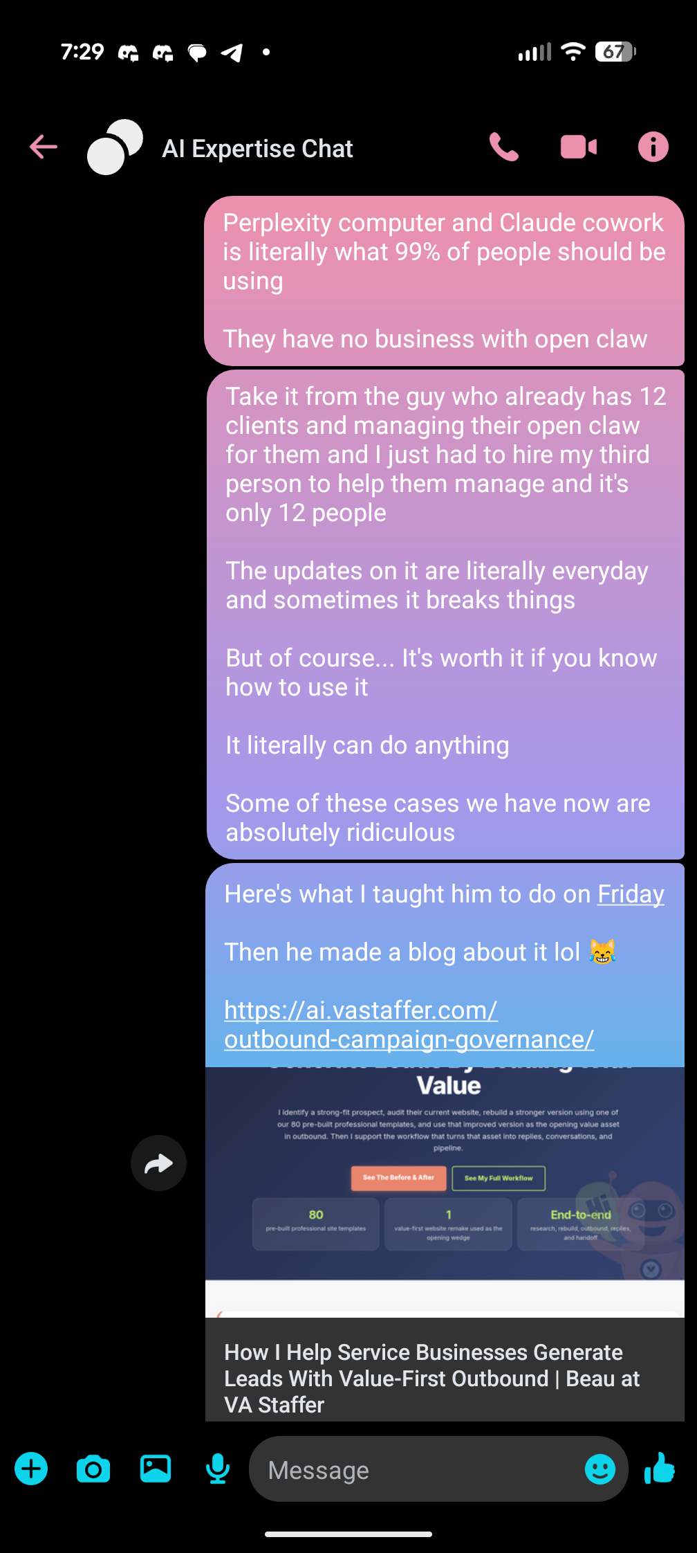 Screenshot of message arguing that Perplexity Computer and Claude Cowork are what 99 percent of people should be using instead of full OpenClaw