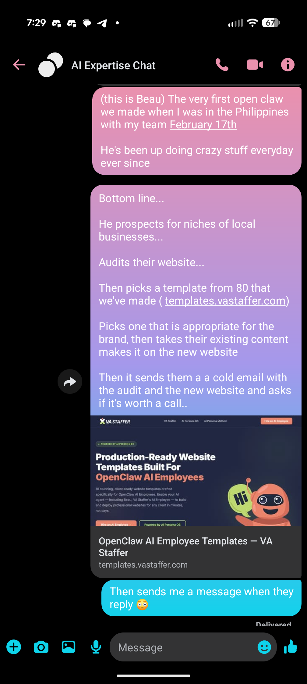Screenshot of message explaining that Beau already prospects, audits websites, selects templates, rebuilds sites, sends outreach, and notifies on replies