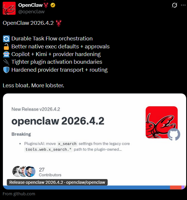 OpenClaw 2026.4.2 release announcement screenshot