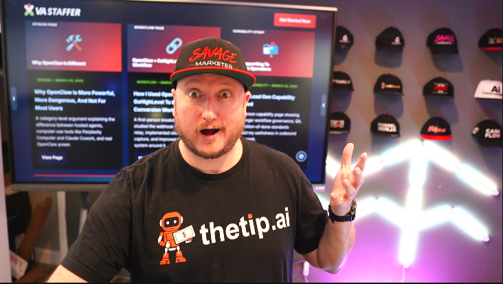Jeff J Hunter reacting in front of the VA Staffer AI site while preparing a YouTube topic about OpenClaw and AI employees